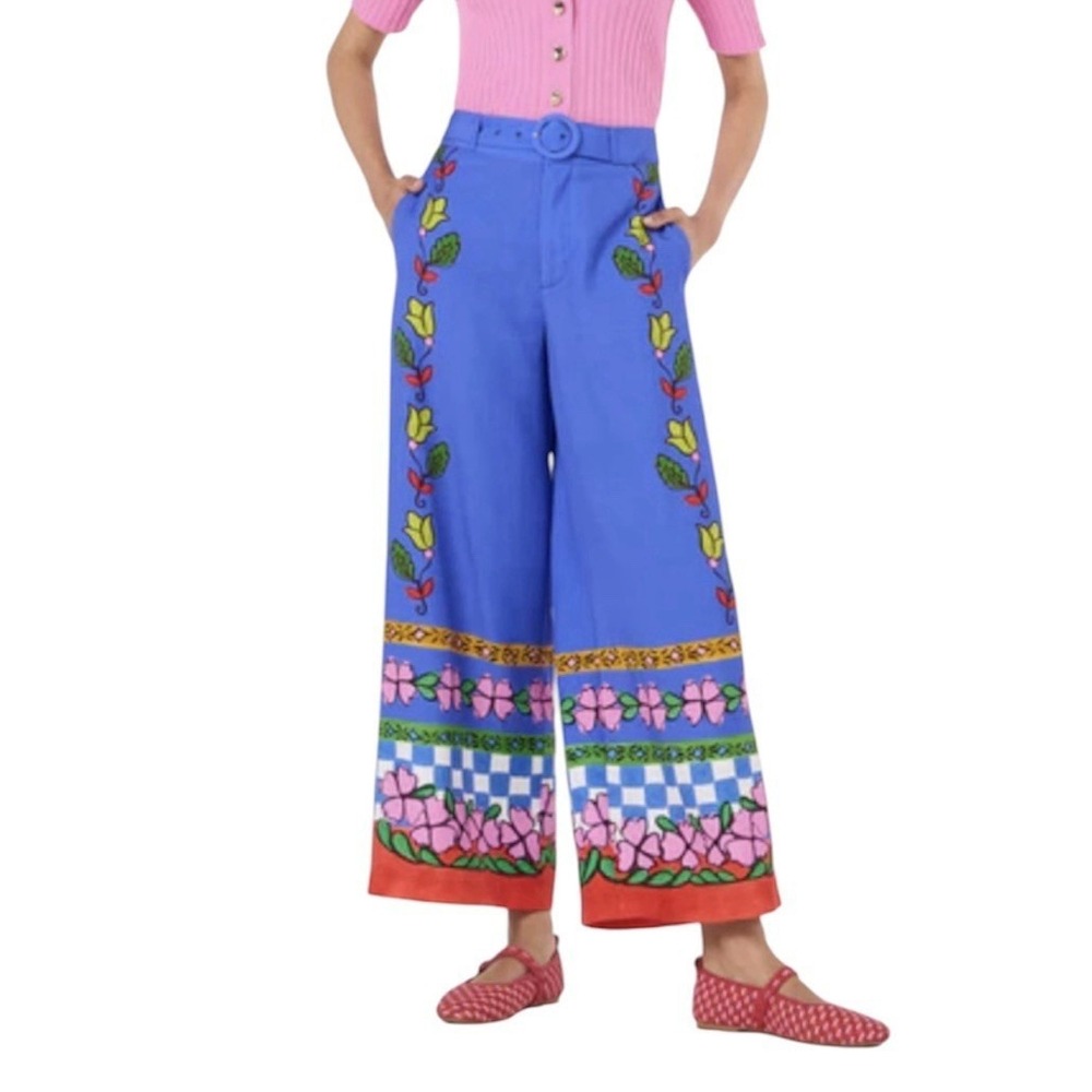 New Gorman Wide Leg Pants Size 8 Floral Linen Blend Pockets Belted Resort